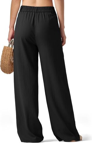 سروال كتان نسائي واسع الساق أنيق كاجوال للشاطئ سروال كتان صيفي بجيوب 29 بوصة 31 بوصة in Kuwait