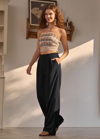 سروال كتان نسائي واسع الساق أنيق كاجوال للشاطئ سروال كتان صيفي بجيوب 29 بوصة 31 بوصة in Kuwait