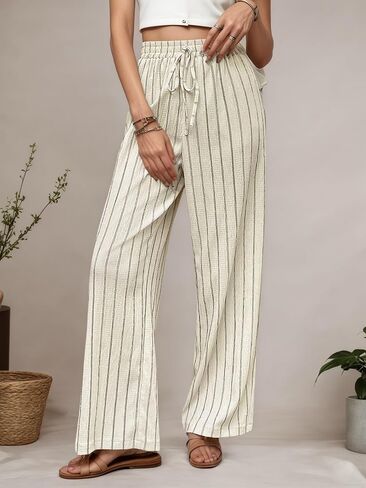 Women's Striped Linen Pants High Waist Tie Front Drawstring Palazzo Pant Trousers in Saudi Arabia