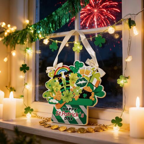إكليل عيد القديس باتريك للديكور ذو وجهين، إكليل عيد القديس باتريك الخشبي على الوجهين، أكاليل الباب الأمامي من الخشب على الوجهين وموضوع جنوم المحظوظ لجدار الشرفة وديكور القديس باتريك الداخلي in Kuwait