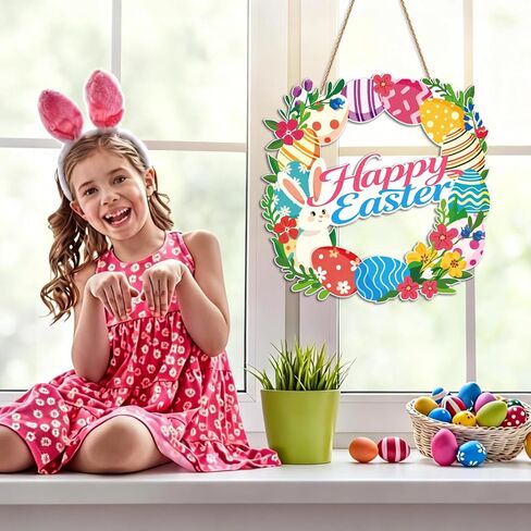 إكليل الباب الخشبي لديكور عيد الفصح، 12 بوصة أكاليل عيد الفصح لعلامات جدار الباب الأمامي زخارف معلقة على شكل أرنب ربيعي، ديكور شجرة المنزل والحديقة في عطلة الربيع in Kuwait