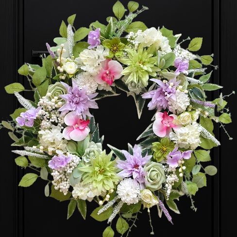 Bibelot 24 Inch Spring Wreath for Front Door, Artificial Spring Summer Floral Wreath with Dahlia Hydrangea Orchid for Home Wall Wedding Festival Indoor Outdoor Decor in Saudi Arabia