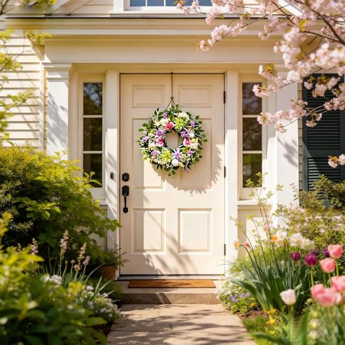Bibelot 24 Inch Spring Wreath for Front Door, Artificial Spring Summer Floral Wreath with Dahlia Hydrangea Orchid for Home Wall Wedding Festival Indoor Outdoor Decor in Saudi Arabia