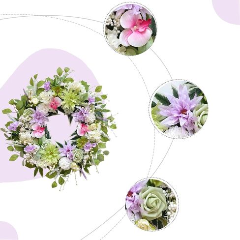 Bibelot 24 Inch Spring Wreath for Front Door, Artificial Spring Summer Floral Wreath with Dahlia Hydrangea Orchid for Home Wall Wedding Festival Indoor Outdoor Decor in Saudi Arabia