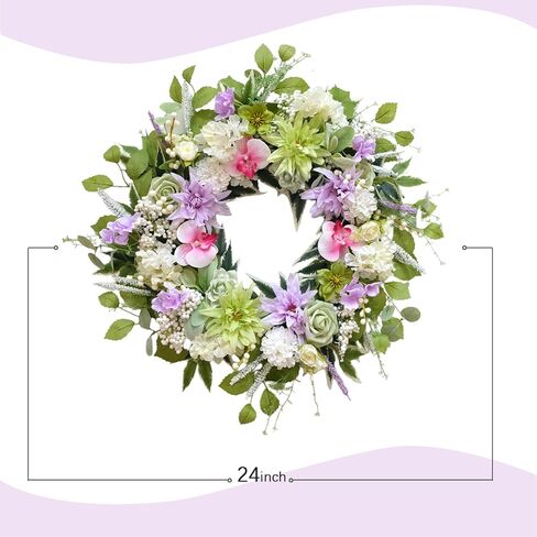 Bibelot 24 Inch Spring Wreath for Front Door, Artificial Spring Summer Floral Wreath with Dahlia Hydrangea Orchid for Home Wall Wedding Festival Indoor Outdoor Decor in Saudi Arabia
