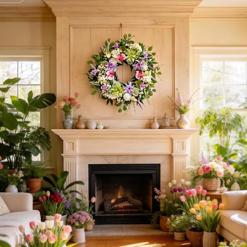 Bibelot 24 Inch Spring Wreath for Front Door, Artificial Spring Summer Floral Wreath with Dahlia Hydrangea Orchid for Home Wall Wedding Festival Indoor Outdoor Decor in Saudi Arabia