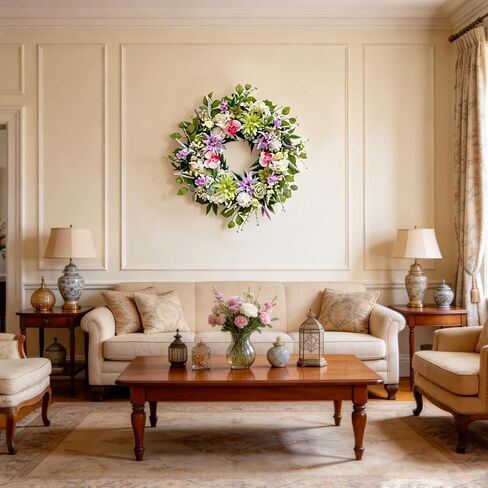 Bibelot 24 Inch Spring Wreath for Front Door, Artificial Spring Summer Floral Wreath with Dahlia Hydrangea Orchid for Home Wall Wedding Festival Indoor Outdoor Decor in Saudi Arabia