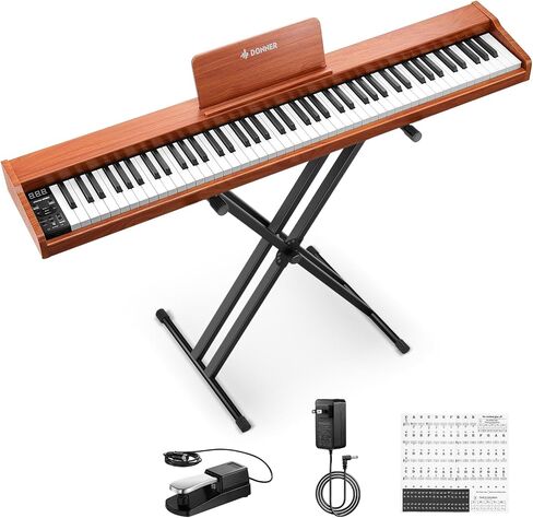Donner DEP-1S Piano Keyboard 88 Keys, Beginner Digital Piano with 88 Key Velocity-Sensitive Keyboard, Record, Bluetooth, Chord, Bundle With Piano Stand, Piano Stickers, Sustain Pedal, Retro Wood Color in Saudi Arabia