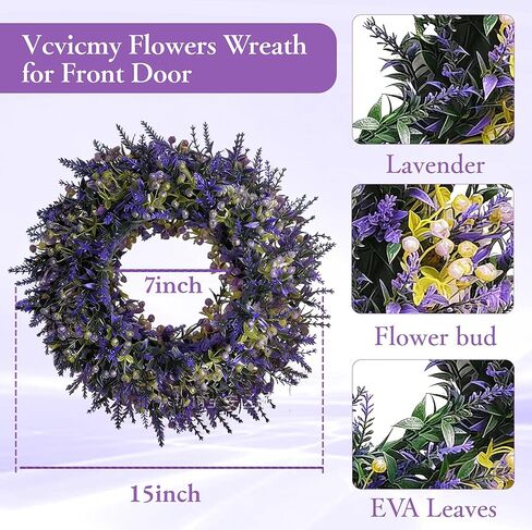Summer Spring Wreaths for Front Door Romance Lavender Wreath,15 Inch Artificial Greenery Outdoor Wreath for Door, Entryway Farmhouse Porch, Home Wall Window Party and Wedding Decorations All Season in Saudi Arabia