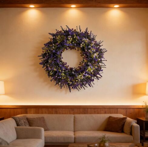 Summer Spring Wreaths for Front Door Romance Lavender Wreath,15 Inch Artificial Greenery Outdoor Wreath for Door, Entryway Farmhouse Porch, Home Wall Window Party and Wedding Decorations All Season in Saudi Arabia