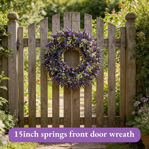 Summer Spring Wreaths for Front Door Romance Lavender Wreath,15 Inch Artificial Greenery Outdoor Wreath for Door, Entryway Farmhouse Porch, Home Wall Window Party and Wedding Decorations All Season in Saudi Arabia