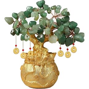 Green Aventurine Money Tree - Feng Shui Wealth & Prosperity Bonsai - Golden Money Bag Base - Green Crystal Positive Energy Decor - Home Office Desk Gifts (5.5 Inch) in Kuwait