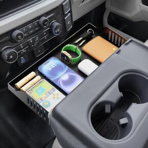 منظم مسند رأس المقعد الأمامي المعدني بالكامل متوافق مع ملحقات 2011-2025 2026 Ford F150 F250 F350 F450 F550 F650، صندوق تخزين حاوية صينية مع حامل أكواب (مقعد القفز فقط) in Kuwait