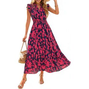 Simplee Womens Summer Floral Mixi Dress V Neck Ruffle Short Sleeve Flowy Dress Boho Casual Beach Long Dresses 2026 in Kuwait