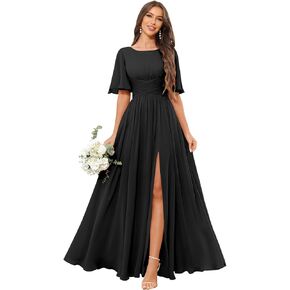 GUKARLEED Women’s Scoop Neck Ruffles Bridesmaid Dresses Long Chiffon Slit A-line Formal Wedding Guest Dress with Pockets in Kuwait