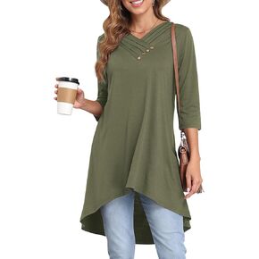 قمصان نسائية طويلة من Naggoo للسراويل الضيقة 3/4 كم سترة علوية فضفاضة تناسب الملابس الكاجوال ورقبة على شكل V عالية ومنخفضة وزر ديكور in Kuwait