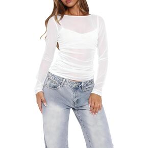 Mesh Long Sleeve Tops for Women Sexy Sheer Boat Neck Ruched See Through Spring Fall 2026 Trendy Party Club Outfits in Saudi Arabia