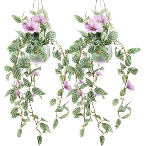 عبوتان من النباتات المعلقة المزيفة، ديكور صناعي، وعاء نبات معلق صغير مع الكروم الاصطناعية والزهور الوردية، ديكورات خضراء لغرفة المعيشة، جدار المنزل، رف حائط داخلي وخارجي in Kuwait