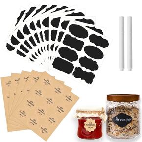 مجموعة ملصقات برطمان مكونة من 142 قطعة - 80 ملصق سبورة سوداء قابلة لإعادة الاستخدام مع 2 قلم طباشير أبيض قابل للمسح، 60 ملصقًا مصنوعًا يدويًا، مثالية لبرطمانات الماسون وبرطمانات التوابل وبرطمان المربى وحاويات الطعام المتنوعة in Kuwait