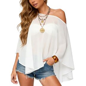 Women Summer Chiffon Off The Shoulder Beach Poncho Cover Up Asymmetrical Shawl Cape Mesh Sheer Poncho Top in Saudi Arabia