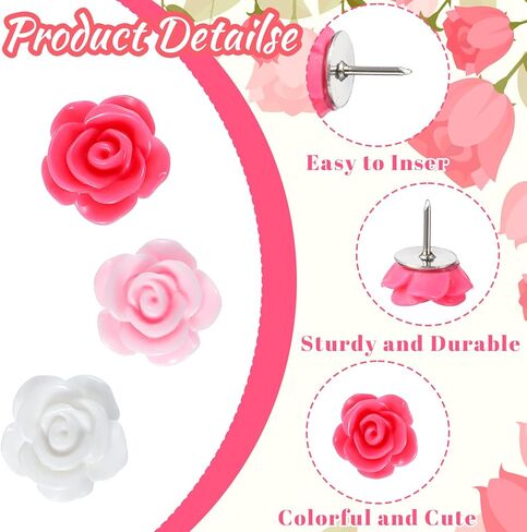 Thinp 50 Pcs Flower Push Pins, Rose Decorative Thumb Tacks Cute Push Pins for Bulletin Board Floret Thumb Tacks for Cork Board Photos Wall Feature Wall Maps Offices School or Home in Saudi Arabia