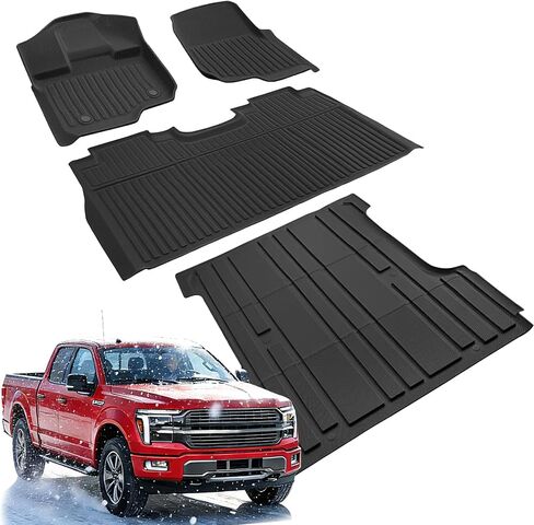 سجادات الأرضية والسرير لسيارة Ford F150: 2015-2026 SuperCrew/Crew Cab فقط (سرير قصير بطول 5.5 قدم) (بدون تخزين مسطح قابل للطي)، بطانات الشاحنات لجميع الأحوال الجوية، ملحقات السيارة مناسبة خصيصًا لـ F-150 Lightning 2022-2026، 4 قطع باللون الأسود in Saudi Arabia