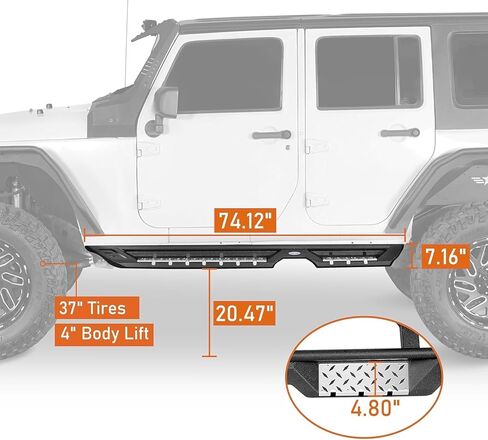 Hooke Road JK Side Steps Running Boards for 2007-2018 Jeep Wrangler JK 4-Door, 7-inch Drop Down Step with Stainless Non-Slip Pad in Saudi Arabia