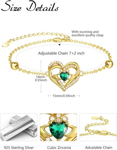 14k Gold Plated Irish Jewelry for Women 925 Sterling Silver Claddagh Bracelet St Patricks Day Gifts in Saudi Arabia