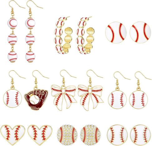 9 Pairs Baseball Earrings for Women Sports Ball Shape Earrings Football Volleyball Softball Soccer Golf Tennis Ball Baseball Player Lovers Jewelry Gifts in Saudi Arabia