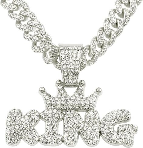 EVKILKJS Cuban Link Chain for Men,Silver Bling Diamond Cuban Necklace with King Pendant,Charm Mens Jewelry for Holidays Parties Daily Wear,Ideal Gift for Hip Hop Fans in Saudi Arabia