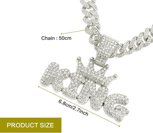 EVKILKJS Cuban Link Chain for Men,Silver Bling Diamond Cuban Necklace with King Pendant,Charm Mens Jewelry for Holidays Parties Daily Wear,Ideal Gift for Hip Hop Fans in Saudi Arabia