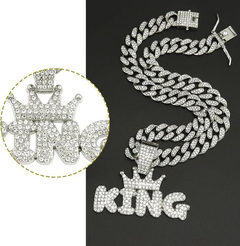 EVKILKJS Cuban Link Chain for Men,Silver Bling Diamond Cuban Necklace with King Pendant,Charm Mens Jewelry for Holidays Parties Daily Wear,Ideal Gift for Hip Hop Fans in Saudi Arabia