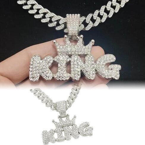 EVKILKJS Cuban Link Chain for Men,Silver Bling Diamond Cuban Necklace with King Pendant,Charm Mens Jewelry for Holidays Parties Daily Wear,Ideal Gift for Hip Hop Fans in Saudi Arabia