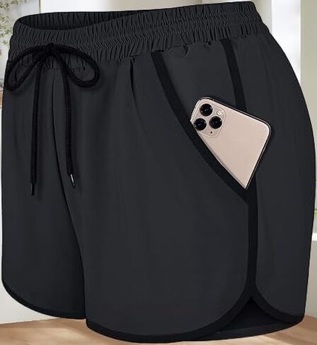 شورت رياضي 2 في 1 للنساء XS-3XL شورت بخصر مطاطي برباط مزدوج الطبقات مع جيوب in Saudi Arabia