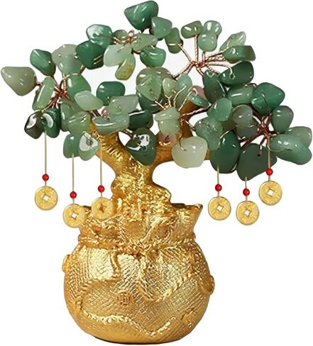 Green Aventurine Money Tree - Feng Shui Wealth & Prosperity Bonsai - Golden Money Bag Base - Green Crystal Positive Energy Decor - Home Office Desk Gifts (5.5 Inch) in Kuwait