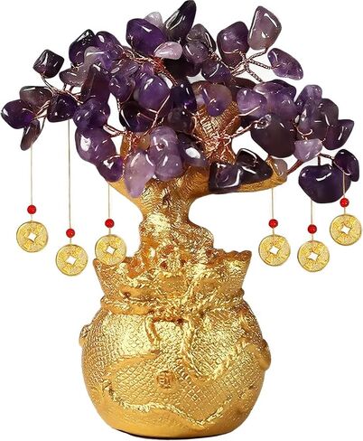 Green Aventurine Money Tree - Feng Shui Wealth & Prosperity Bonsai - Golden Money Bag Base - Green Crystal Positive Energy Decor - Home Office Desk Gifts (5.5 Inch) in Saudi Arabia