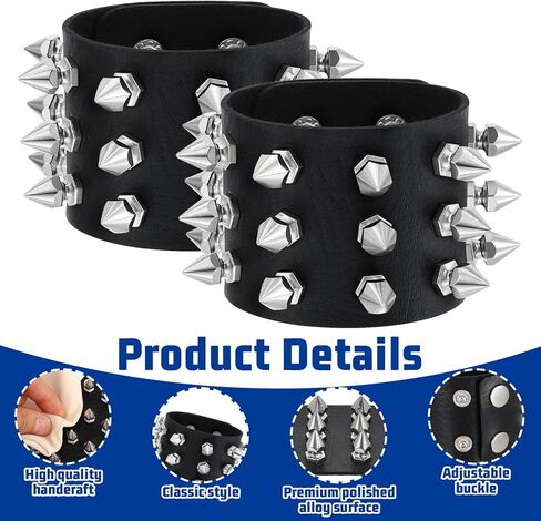 Studded Bracelet, Gothic Punk Rock Biker Cuff Wrap Bangle, Snap Button Black Leather Rivet Bracelet For Men And Women in Saudi Arabia