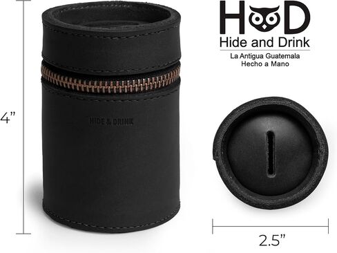 Hide & Drink, Thick Leather Piggy Bank Bucket, Fits in Car Cup Holders, Coin Case, Coin Organizer, Zippered Pouch, Full Grain Leather, Handmade (Charcoal Black) in Saudi Arabia