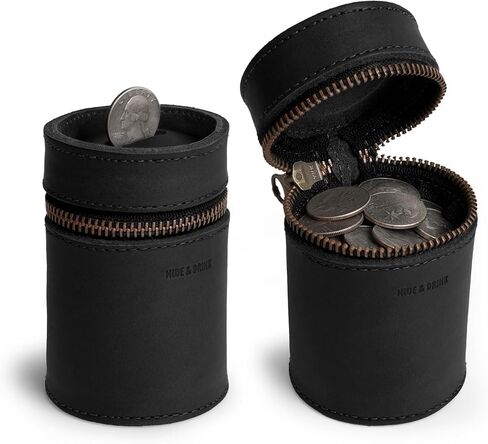 Hide & Drink, Thick Leather Piggy Bank Bucket, Fits in Car Cup Holders, Coin Case, Coin Organizer, Zippered Pouch, Full Grain Leather, Handmade (Charcoal Black) in Saudi Arabia