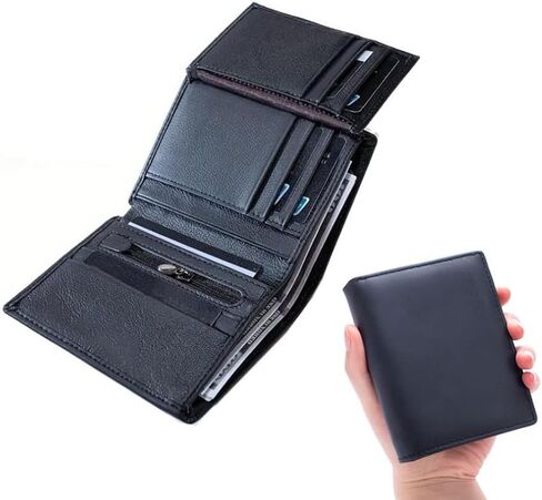 محفظة ثلاثية الطي للرجال من الجلد الحقيقي مع خاصية حجب RFID، وفتحات متعددة للبطاقات ونافذة لبطاقة الهوية، وجيب للعملات المعدنية بسحاب للتنقل اليومي الآمن والسفر، باللون الأسود in Saudi Arabia
