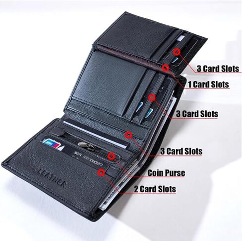 محفظة ثلاثية الطي للرجال من الجلد الحقيقي مع خاصية حجب RFID، وفتحات متعددة للبطاقات ونافذة لبطاقة الهوية، وجيب للعملات المعدنية بسحاب للتنقل اليومي الآمن والسفر، باللون الأسود in Saudi Arabia