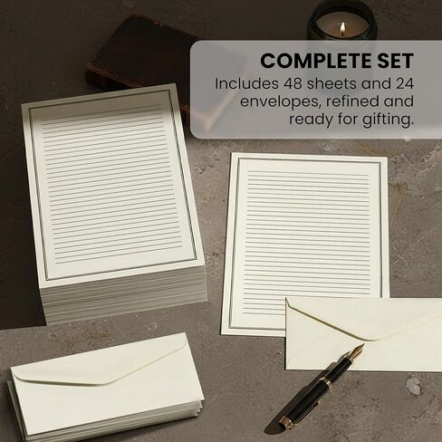 مجموعة قرطاسية ممتازة لكتابة الرسائل مع أظرف - 48 ورقة من ورق إكرو بحدود سوداء وخطوط كتابة - ورق كتابة مقاس 8.5 × 11 بوصة و24 ظرفًا مطابقًا للمراسلات الأنيقة - أسود in Saudi Arabia
