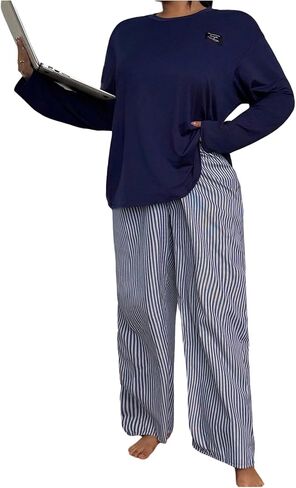 SHENHE Women's Plus Size Long Sleeve Pajama Set 2 Piece Striped Baggy Pants Fall pjs Loungewear in Saudi Arabia