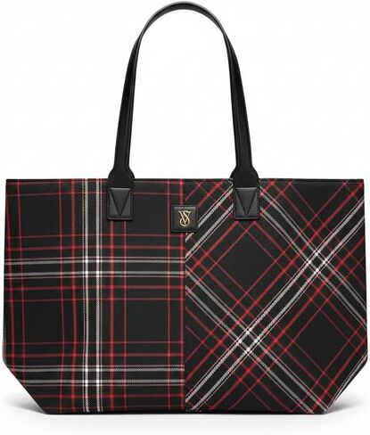 Victoria's Secret Plaid Tote Bag – Cozy Red & Black Winter Plaid with Gold VS Monogram – Top Zip, Interior Slip Pocket – One Size in Saudi Arabia