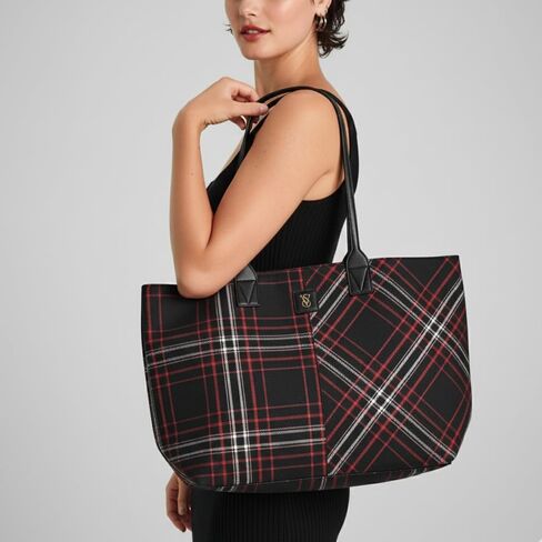 Victoria's Secret Plaid Tote Bag – Cozy Red & Black Winter Plaid with Gold VS Monogram – Top Zip, Interior Slip Pocket – One Size in Saudi Arabia