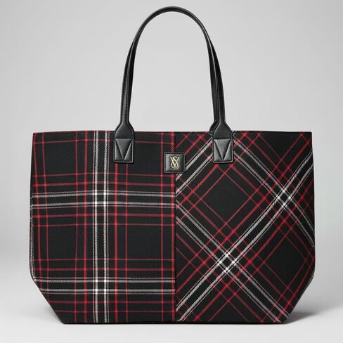 Victoria's Secret Plaid Tote Bag – Cozy Red & Black Winter Plaid with Gold VS Monogram – Top Zip, Interior Slip Pocket – One Size in Saudi Arabia