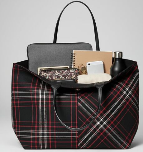 Victoria's Secret Plaid Tote Bag – Cozy Red & Black Winter Plaid with Gold VS Monogram – Top Zip, Interior Slip Pocket – One Size in Saudi Arabia