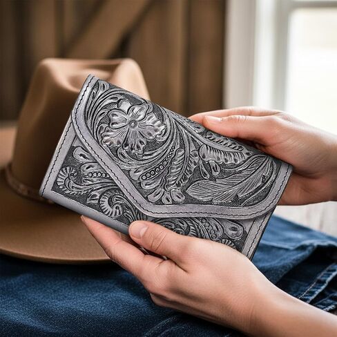 Merbaa Genuine Leather Wallets for Women Cowhide Wallet for Ladies Hand Tooled Western Wallet Purse with Multi Card Pocket Clutch Handbag Slim RFID Blocking Card Slot in Saudi Arabia