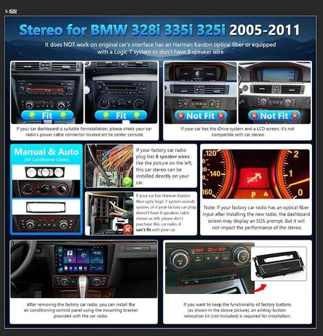 ستيريو سيارة لسيارات BMW 3 Series 328i 335i 325i E90 E91 E92 E93 2005-2011 راديو Apple CarPlay Android Auto، شاشة لمس IPS 9 بوصة لكاميرا BMW 328i ستيريو BT/FM DSP/GPS/WiFi/SWC، غير. الألياف الضوئية in Kuwait