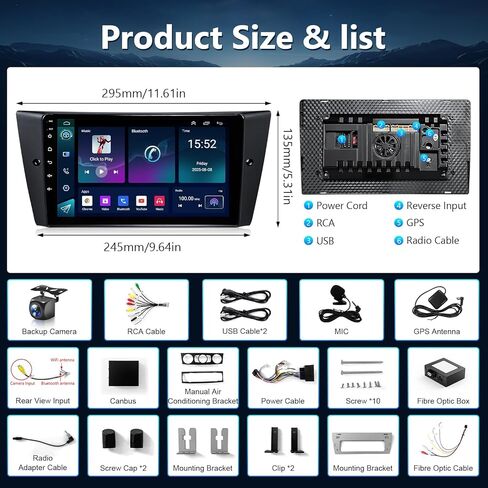 ستيريو سيارة لسيارات BMW 3 Series 328i 335i 325i E90 E91 E92 E93 2005-2011 راديو Apple CarPlay Android Auto، شاشة لمس IPS 9 بوصة لكاميرا BMW 328i ستيريو BT/FM DSP/GPS/WiFi/SWC، غير. الألياف الضوئية in Kuwait